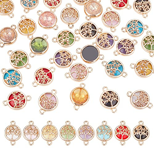 PandaHall 8 Farben Baum des Lebens Charms, 32pcs Glasgliederverbinder Flach Rund Mit Baum Schmuckverbinder Für Halskette Armband Knöchel Schmuck DIY Herstellung