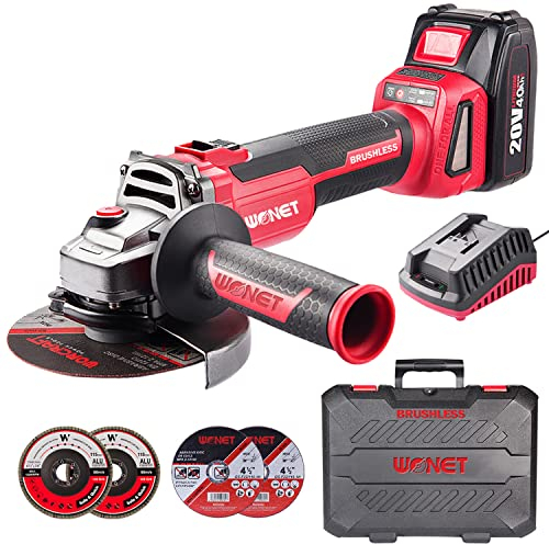 WONET Akku Winkelschleifer mit Ladegerät und Batterie 20V/4Ah | Brushless Motor | 125 mm Scheibendurchmesser | inkl. Werkzeugkoffer und 4 Schneidscheiben
