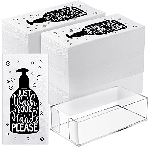 Teling 200 Pcs Disposable Bathroom Napkins with 1 Clear Acrylic Napkin Holder Decorative Etiquette Guest Paper Hand Towels for Toilet Powder Room Wedding Birthday Anniversary