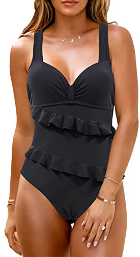 JFAN Costume Intero Donna Piscina Push up Costume Donna Mare Costumi Interi Curvy con Doppio Volant Controllo Pancia Nero XXL