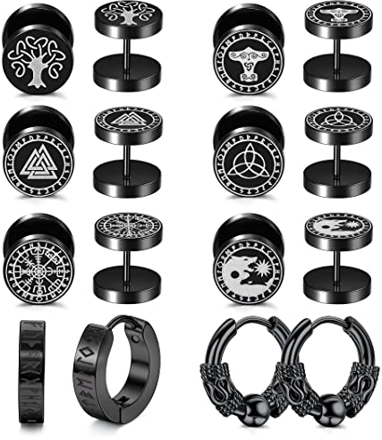 JeweBella 8Paar Ohrstecker Herren Edelstahl Wikinger Rune Schwarze Ohrringe Wolfskopf Keltischer Knot Ohrringe Piercings Ohrstecker Set Punk Klassische Ohrringe Creolen Hypoallergen für Damen Männer