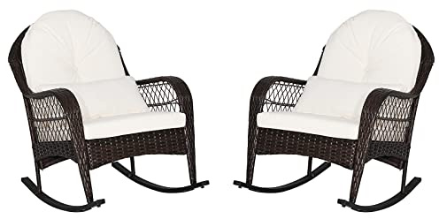 ORALNER Patio Wicker Rocking Chair, Outdoor PE Rattan Rocker with Seat and Back Cushion, Waist Pillow, Armrests, Garden Chair for Porch, Backyard, Poolside, Deck (2, Off White)