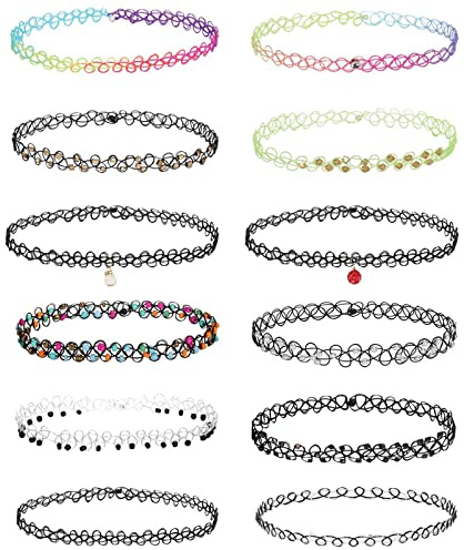 12 Stück Elastische Halskette Tattoo Halsband Stretch Tattoo Choker Kette Armband Stretch-Tattoo-Halskette für Frauen Mädchen Teen Kinder Geschenk,Erfüllen Sie Den Täglichen Verschleißbedarf