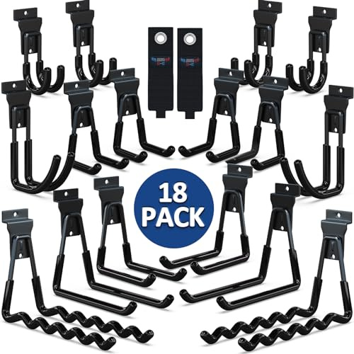 3-H 16 small pièces Slatwall Crochets Slatwall Accessoires Crochets de garage,Garage Hooks avec 2 sangles de rangement pour outils Jardin Garage Remise(Noir)