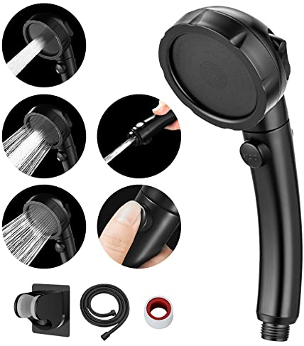 MIAOHUI Duschkopf Wassersparend mit Wasserstop Funktion, 3 Strahlarten Duschkopf Druckerhöhend, Duschbrause mit Schlauch und Halterung, Schwarz