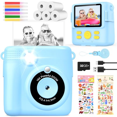 Appareil photo numérique pour enfant - Impression instantanée - 1080P - Noir et blanc - Bleu