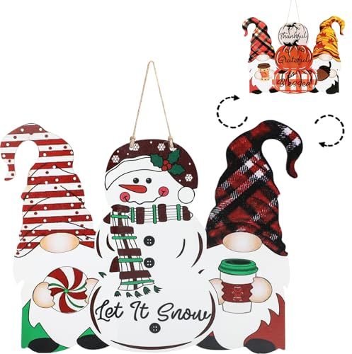 wordmouk Doppio Sided Cartello di Benvenuto con Gnomo di Natale per Porta D'ingresso, Legno Segno Appeso con Zucca e Pupazzo di Neve Decorazione della, Decor per Natale Ringraziamento Porch Casa
