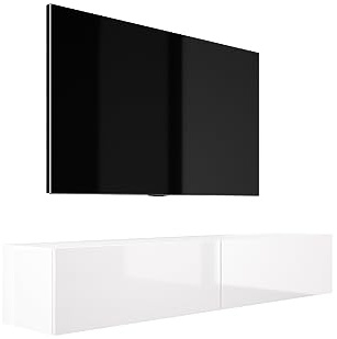 3xE Living Meuble TV Suspendu, D : L : 170 cm, H : 34 cm, P : 32 cm, Blanc Mat/Blanc Brillant