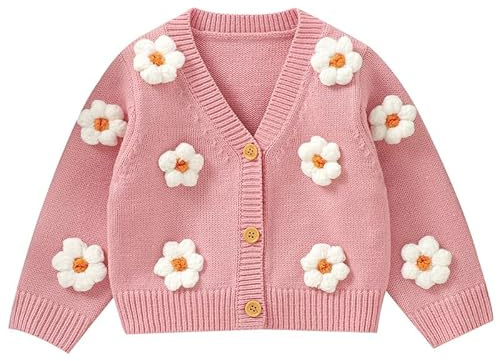 LAWKUL Baby Toddler Girl Sweater, Floral Long Sleeve Cardigan Pink