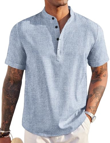 COOFANDY Men's Casual Henley Shirt Band Collar Short Sleeve Shirt Summer Beach Hippie Shirt