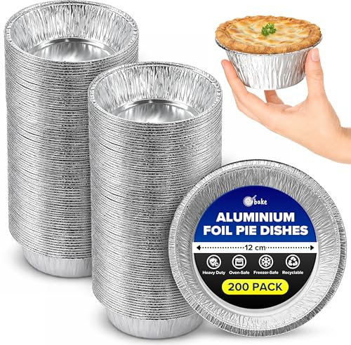 ebake Foil Pie Dishes - 200 Pack Individual Pie Tins - 12cm x 4cm Aluminium Foil Pie Cases - Disposable Foil Pie Tins for Roasting and Desserts
