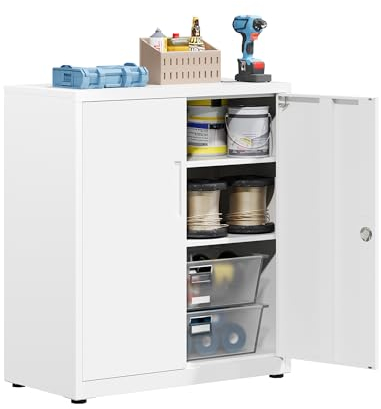 Aktenschrank, abschließbarer Garagenschrank, 3 Ebenen Büroschrank, Werkstattschrank mit verstellbaren Regalen, für Büro, Garage und Hauswirtschaftsraum, weiß