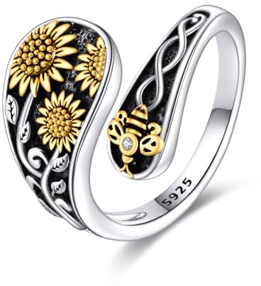 YFN Bague tournesol abeille en argent sterling pour femme tournesol bijoux cadeaux pour hommes, 7, Argent sterling, Aucune pierre précieuse