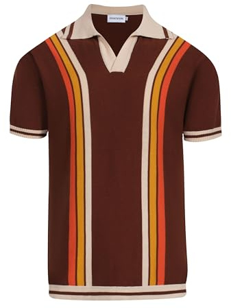 OXKnit Polo skjorta herr kortärmad pikétröja stickad vintage 1960-talet mod style retro pikétröja, braun strimlor, S