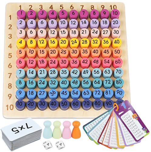 LPAMABA Montessori Multiplikationsbrett 1x1 Lernen Spiel Multiplikationstafel Holz Multiplikation Brettspiel Zähltablett Kinderzählspielzeug mit 100 Multiplikationskarten, Lernen leichtgemach