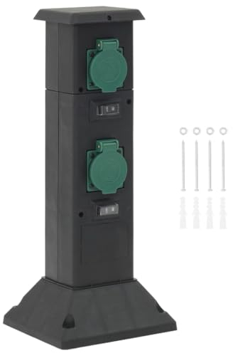 vidaXL Outdoor Socket Column - 4-Way IP44 Power Distributor, Weatherproof Electrical Outlet with Individual Switches for Garden, Lawn, Black & Green, 16x16x39.5 cm