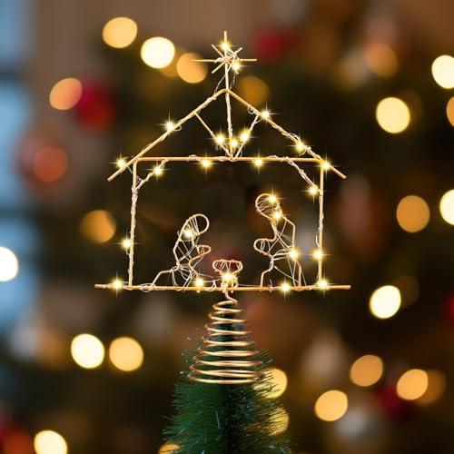Gejoy 10.6 x 7.8 inches Lighted Christmas Tree Topper Nativity Scene Decoration LED Nativity of Jesus Decoration Metal Christmas Tree Top Decoration for Home Shopping Mall Office Desktop