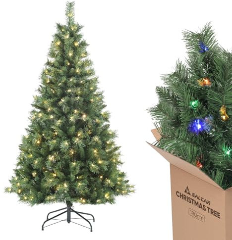 SALCAR Pre Lit Christmas Tree 6ft with 250 Warm White & Multicolor LED Lights – 180cm Spruce Pine Xmas Tree, Quick Setup, Perfect for Indoor Christmas Decorations