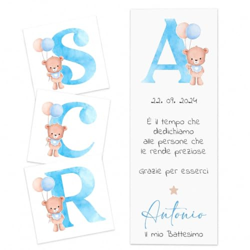 Cormar 15 PEZZI SEGNAPOSTO PERSONALIZZATI PER BATTESIMO CRESIMA COMPLEANNO COMUNIONE PER CERMINONE E FESTE (ORSETTO AZZURRO INIZIALE)
