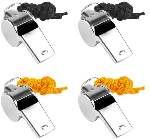 TOPCZY 4Pcs Stainless Steel Whistle, Metal Coach Whistle with 42cm Lanyard, Sports Referee Whistle, Loud Crisp Sound Whistle, Silver Football Whistle for Outdoor Activities