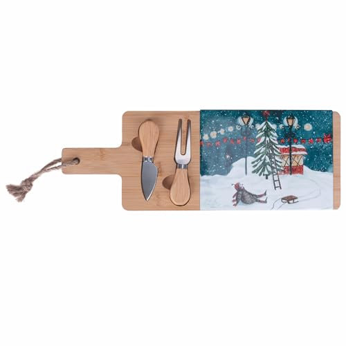 Set tagliere e 2 coltelli da formaggio, in legno di bambù e ceramica, decoro natalizio, 15x42 cm, XMas Vintage