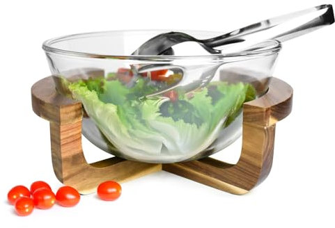 Sendez Saladier en verre avec couverts à salade sur support en bois 4,4 l
