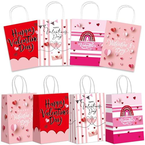 WANYIG 16 x Papiertüten, Geschenktüten Valentinstag Kraftpapier Tüten mit Henkel Rosa Herz Klein Papiertüten für Valentinstag, Hochzeit, Geburtstag, Party 22x16x8cm
