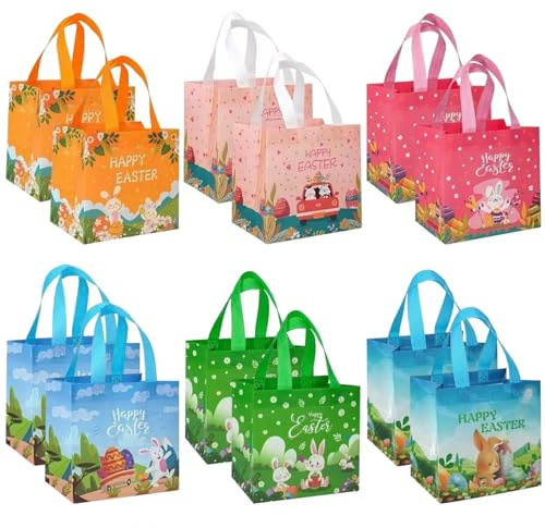 12 x Oster-Geschenktüten, groß, wiederverwendbar, Hasenei-Osterkorb, Tragetaschen, Vlies-Oster-Leckerli-Taschen für Geschenkverpackungen, Eiersuche, Oster-Partyzubehör, 21 x 20 x 14 cm