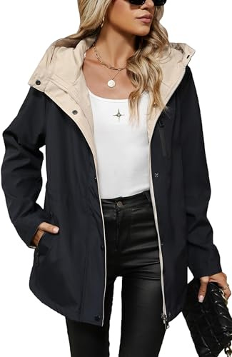 Giolshon Giacca Antivento Donna Media Cappuccio Maniche Lunghe | Giacca Impermeabile Leggera Casual con Zip per Escursionismo con Cappuccio e Vita Regolabile Antivento