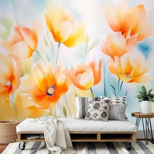 Carta da Parati Fotografica Arancione Fiori, Acquerello Fiori Poster Giganti da Parete, Fotomurale Carta Parati 150Lx105A cm Murale, Decorazione da Muro per Soggiorno