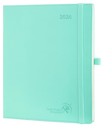 POPRUN Kalender 2026 Vertikal 26,5 x 21,5 cm, Mjukt Omslag, Planner 2026 med Månadsflikar, Veganläder och 100 GSM Tjockt Papper, Grön