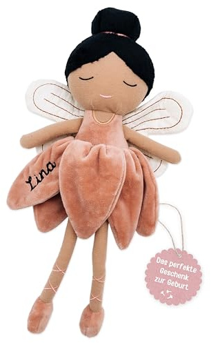 wunderwunsch personalisierte Fee als Taufgeschenk Mädchen, Fairy, Geschenk Geburt, Puppe, Baby, 1. Geburtstag Girly, Kuscheltier individualisiert (Schwarze Haare)
