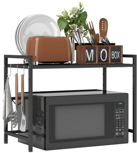 HOMCOM Étagère à Micro-Ondes Extensible à 2 Niveaux avec 3 Crochets Noir | Support pour Four à Micro-ondes, Cadre en Métal, Étagère de Rangement, pour Cuisine, Bureau