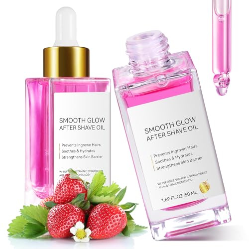 Strawberry After Shave Oil to Reduce Ingrown Hairs & Hydrate Skin, After Shave Women Strawberry Skin Treatment with Hyaluronic Acid & Peptides to Soothe Razor Burn for Men and Women（50ml）