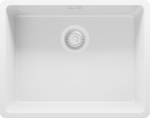 PRIMAGRAN Fregadero bajo Encimera al Mueble 60cm + Kit de desagüe, 56x44cm | Set: Kit de desagüe (sifón, válvula, rebosadero) + Venecia Easy 1 Seno para Cocina, Todo Blanco