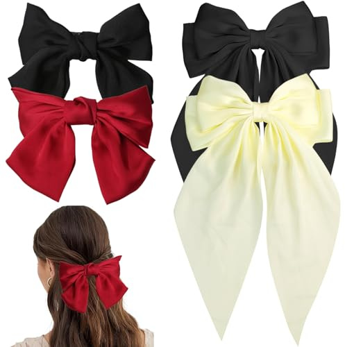 AYNKH 4 PCS clips de cheveux Grand arc avec longue queue en satin soie, broches de cheveux ruban Bowknot doux, accessoires des années 90 pour la fête de la Saint-Valentin