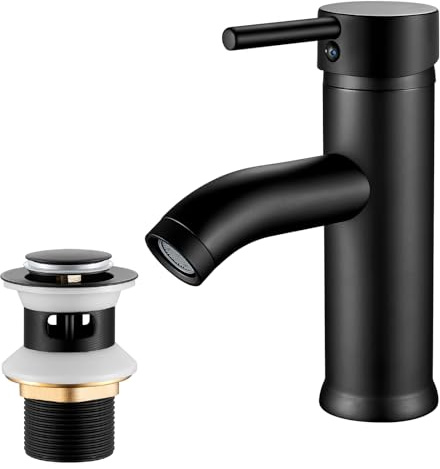 kisimixer Basin Mixer Tap Black with Pop Up Waste Slotted, Bathroom Tap | Single Lever Hot and Cold, 304 Stainless Steel, G1/2 Hoses
