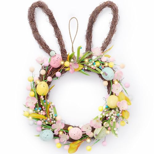 Valery Madelyn 16'' Easter Bunny Wreath for Front Door with Light, Pre-lit Spring Rabbit Wreath Decoration with Pastel Speckled Eggs & Berries, Artificial Farmhouse Wall Decor for Holiday Home Indoor