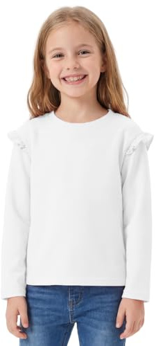 FILOWA T-Shirt Fille Coton Manches Longue Printemps Tee, 9-10 Ans, Blanc