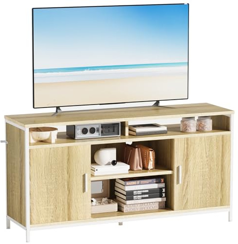 ELUCHANG Mueble de TV, Mesa de TV para Salón, con Estantes Ajustables, para Televisores de hasta 65 Pulgadas, Estilo Moderno, 140 x 40 x 71 cm, Roble Claro