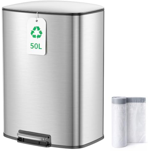 YEAUPE PRO Kitchen Bin 50L, Pedal Bin with Soft-Close Lid, Stainless Steel Rubbish Bin for Recycling and Waste with Handle, Removable Inner Buckets Trash Can, with 15 Bin Liners, Space Silver