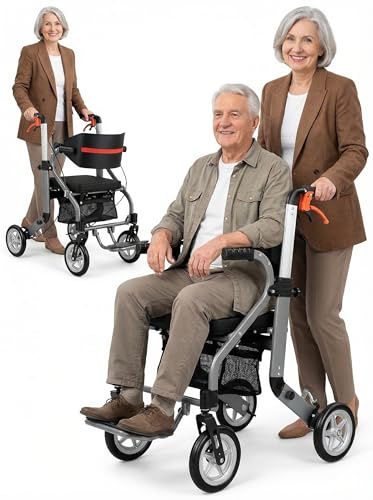Foldable Rollator Walker for Seniors with Seat，22Lbs Aluminum Alloy Portable Mobility Wheelchair, 264Lbs Weight Capacity, Adjustable Handle & Backrest with Locking Brakes, PU Solid Tires Compact Trave