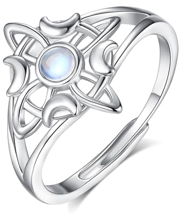 AEONSLOVE Verstellbarer Lebensbaum Ring Damen Silber 925, Mondsteinring für Mädchen Frauen, Offener Ringe mit Hexen Knoten/Claddagh/Blatt/Dreifacher Mond Wicca/Umarmung/Feder