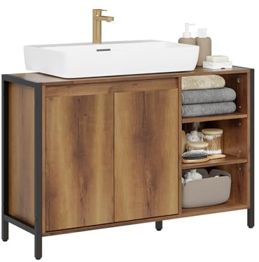 SoBuy Mueble Bajo Lavabo 90cm, Mueble Baño con Corte para Sifón, Muebles para Lavabo con Puertas y Estantes Abiertos, Armario Baño Auxiliar Estilo Industrial Madera y Metal BZR63-L-PF