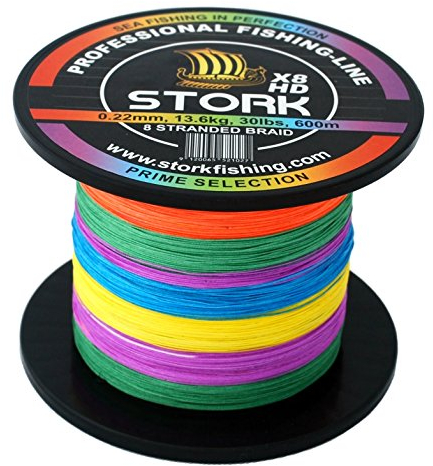 Stork HDx8, 8-Fach geflochtene premium Angelschnur 600m (Multicolor, 30 lbs / 13.6 kg / 0.22 mm)