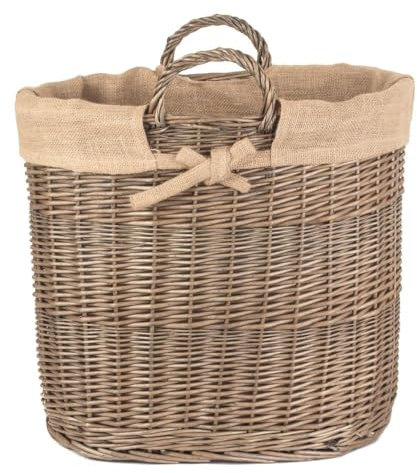 Red Hamper Hessian Lined Oval Log and Storage Basket, Wicker, Brown, H31 x W40 x D40cm