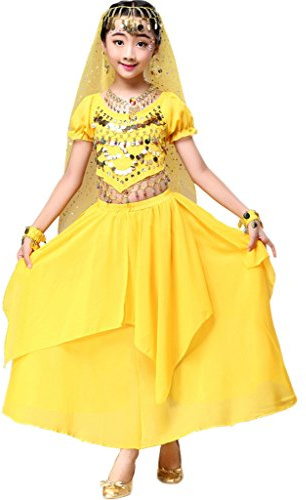 Astage Magdansdräkt för flickor till halloween, outfit, indisk, orientalisk, karneval, komplett set, gUL, 10-11 År