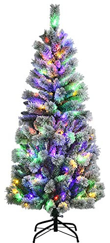 COSTWAY 5ft Pre-lit Artificial Christmas Tree, Hinged Snow Flocked Xmas Tree with 140 LED Lights, 9 Lighting Modes, Foldable Metal Stand, Holiday Decoration for Home Office Shop