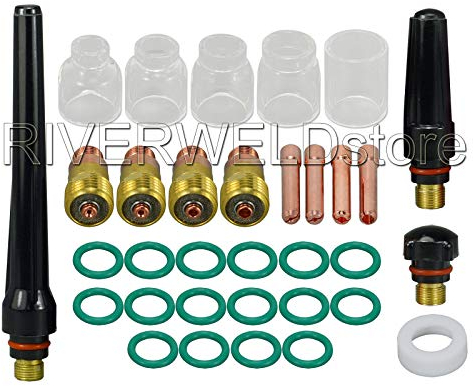 RIVERWELD TIG Kurz Gaslinsen-Spannhülsenkörper 17GL 10N Serie TIG-Glaskanne aus reinem Quarz Düse #4 - #12 Sortiment mit verschiedenen Größen Set für SR WP 17 18 26 WIG-Schweißbrenner 33 Stück