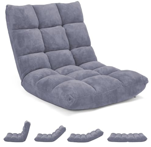 GOPLUS Chaise de Sol Pliante, Fauteuil Convertible Réglable à 14 Niveaux, Fauteuil Paresseux avec Velours Corail Confortable, Chaise de Méditation Rembourré, 105 x 56 x 15CM (Gris)
